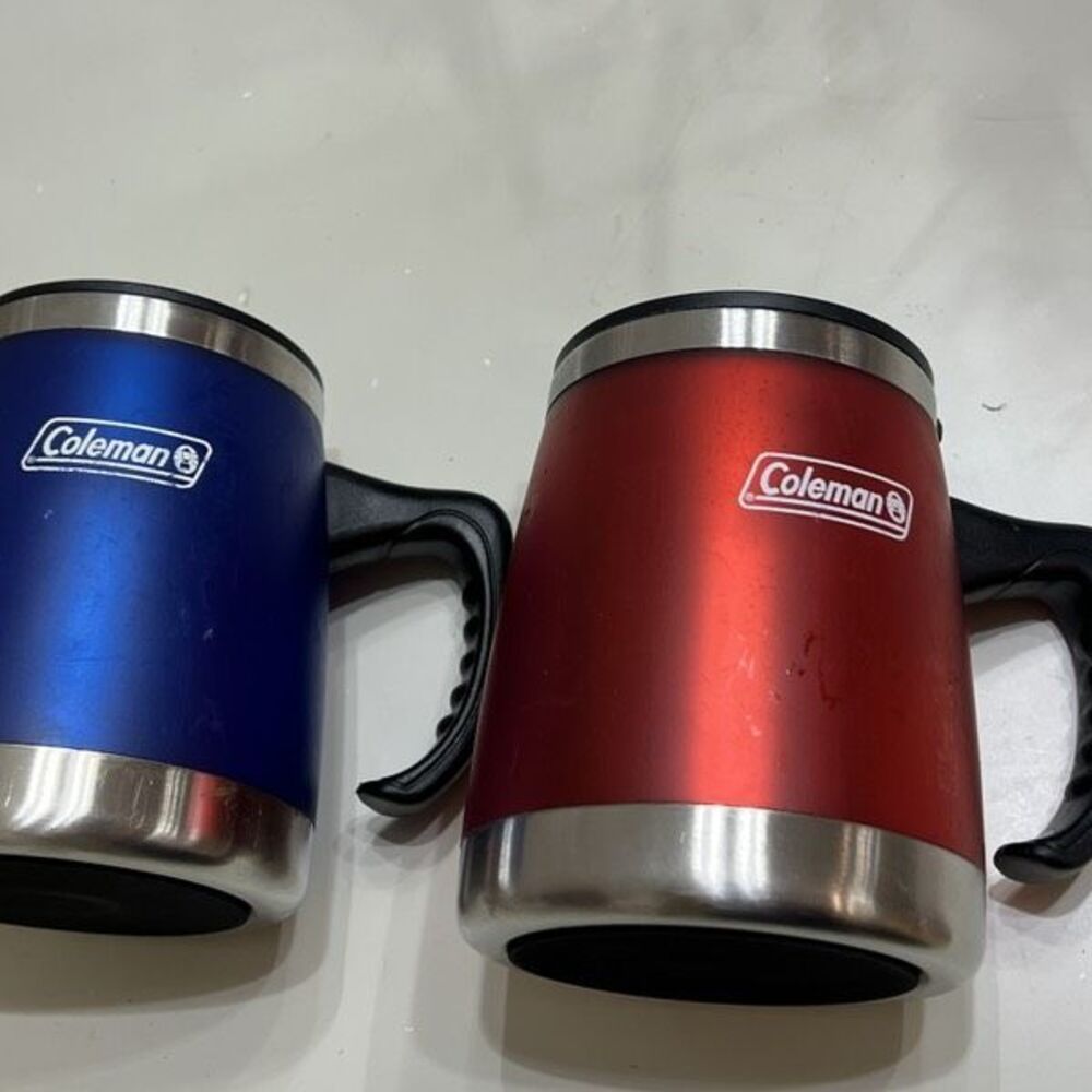 Lot of 2 Coleman Red Blue Insulated Stainless Steel With Lid and Handle Desk Mug
